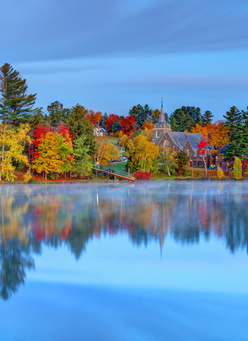 Autumn Reflections by the Chapel – Colorful Lakefront Paint by Numbers Kit